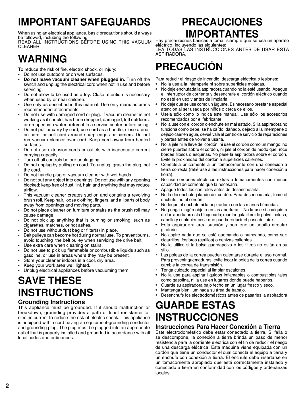 Sanitaire 9050 warranty Important Safeguards, Save These Instructions, Precauciones Importantes, Precaución 