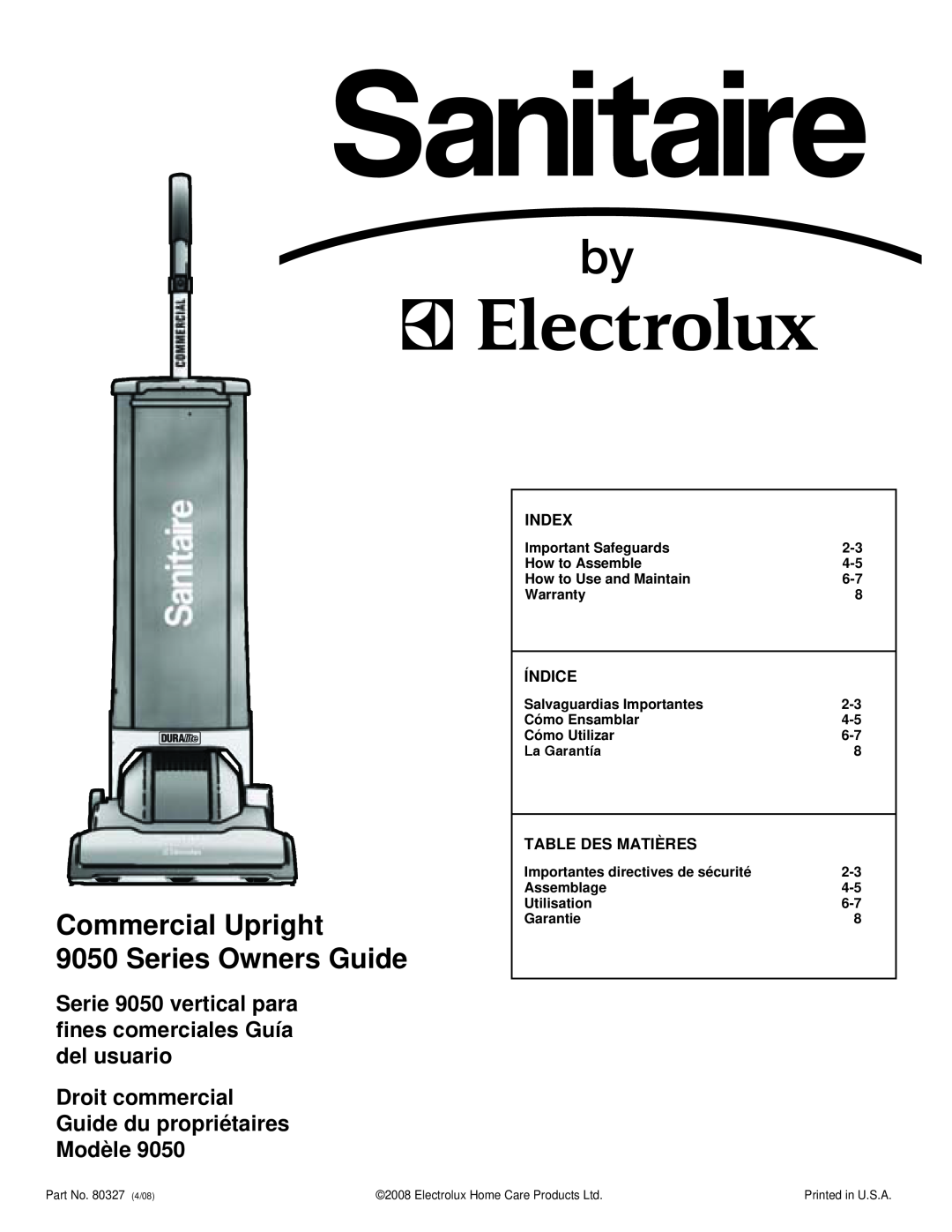 Sanitaire warranty Commercial Upright 9050 Series Owners Guide, Droit commercial Guide du propriétaires Modèle 