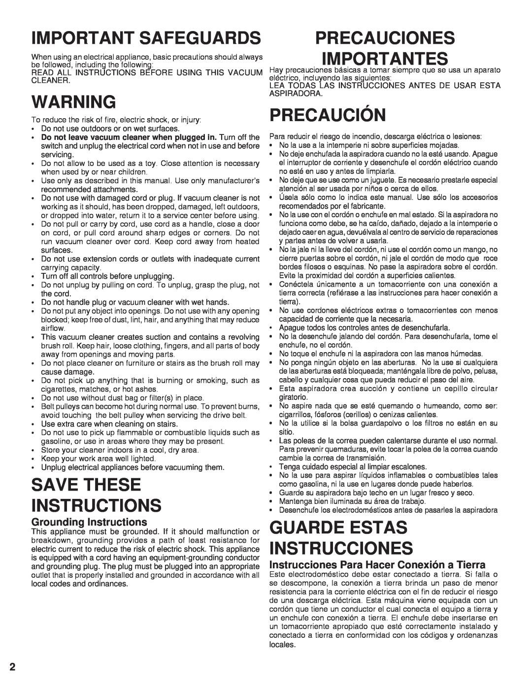 Sanitaire 9050 Important Safeguards, Save These Instructions, Precauciones Importantes, Precaución, Grounding Instructions 