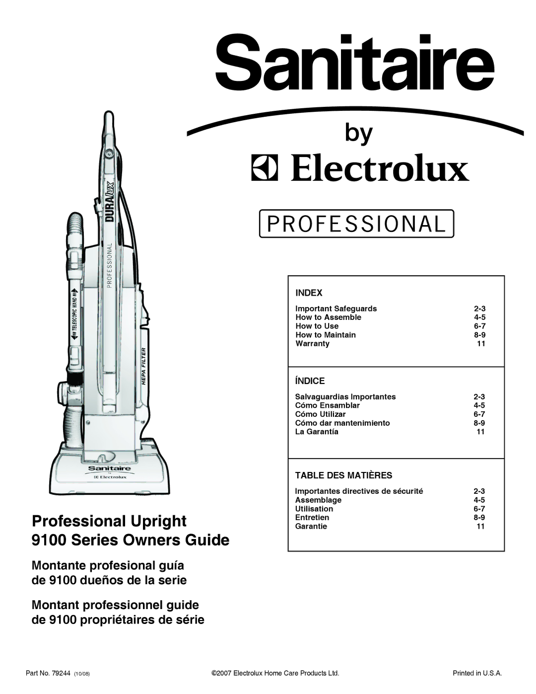 Sanitaire 9100 Series warranty Professional Upright Series Owners Guide, Index, Índice, Table DES Matières 