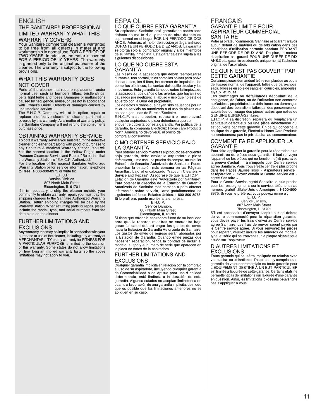 Sanitaire 9100 Series What this Warranty does not Cover, Obtaining Warranty Service, Further Limitations and Exclusions 