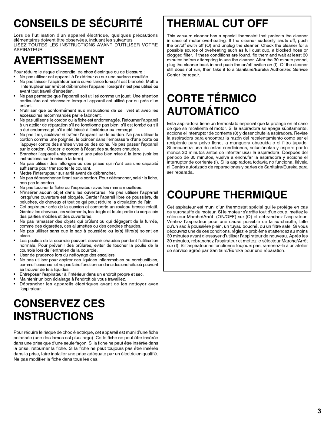 Sanitaire 9100 Series warranty Conseils DE Sécurité 