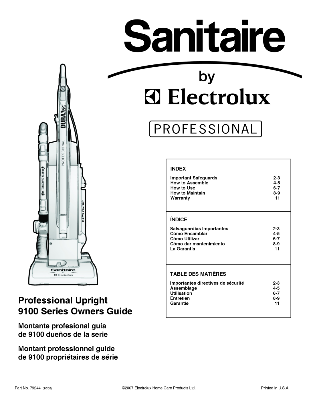 Sanitaire warranty Professional Upright 9100 Series Owners Guide, Index, índice, Table Des Matières 