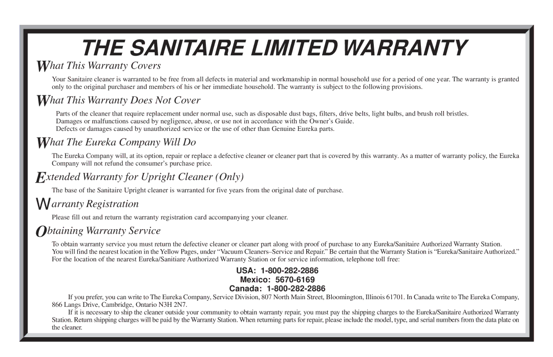 Sanitaire S3530 SERIES warranty Sanitaire Limited Warranty, USA Mexico Canada 