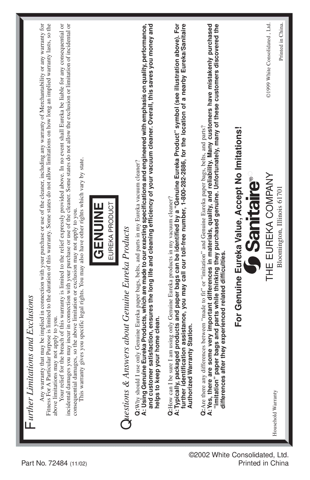 Sanitaire S3530 SERIES warranty Genuine 