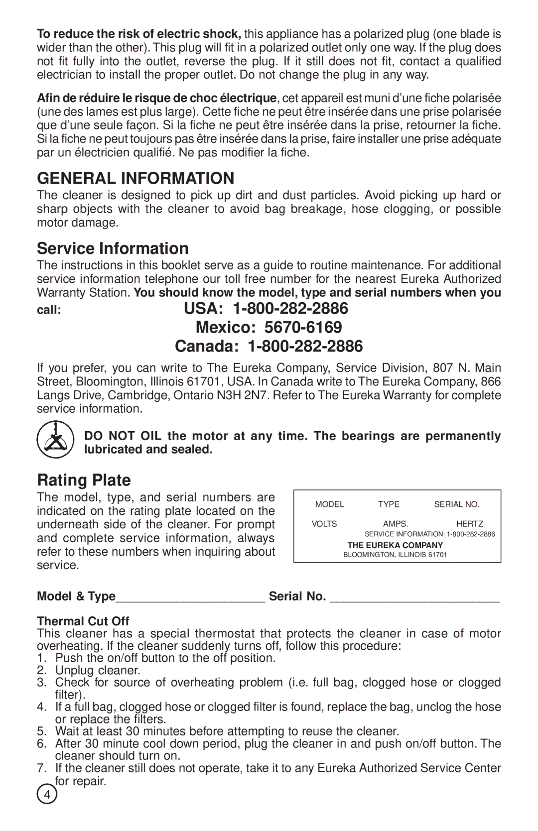 Sanitaire S3530 SERIES General Information, Service Information, CallUSA 1-800-282-2886 Mexico Canada, Rating Plate 