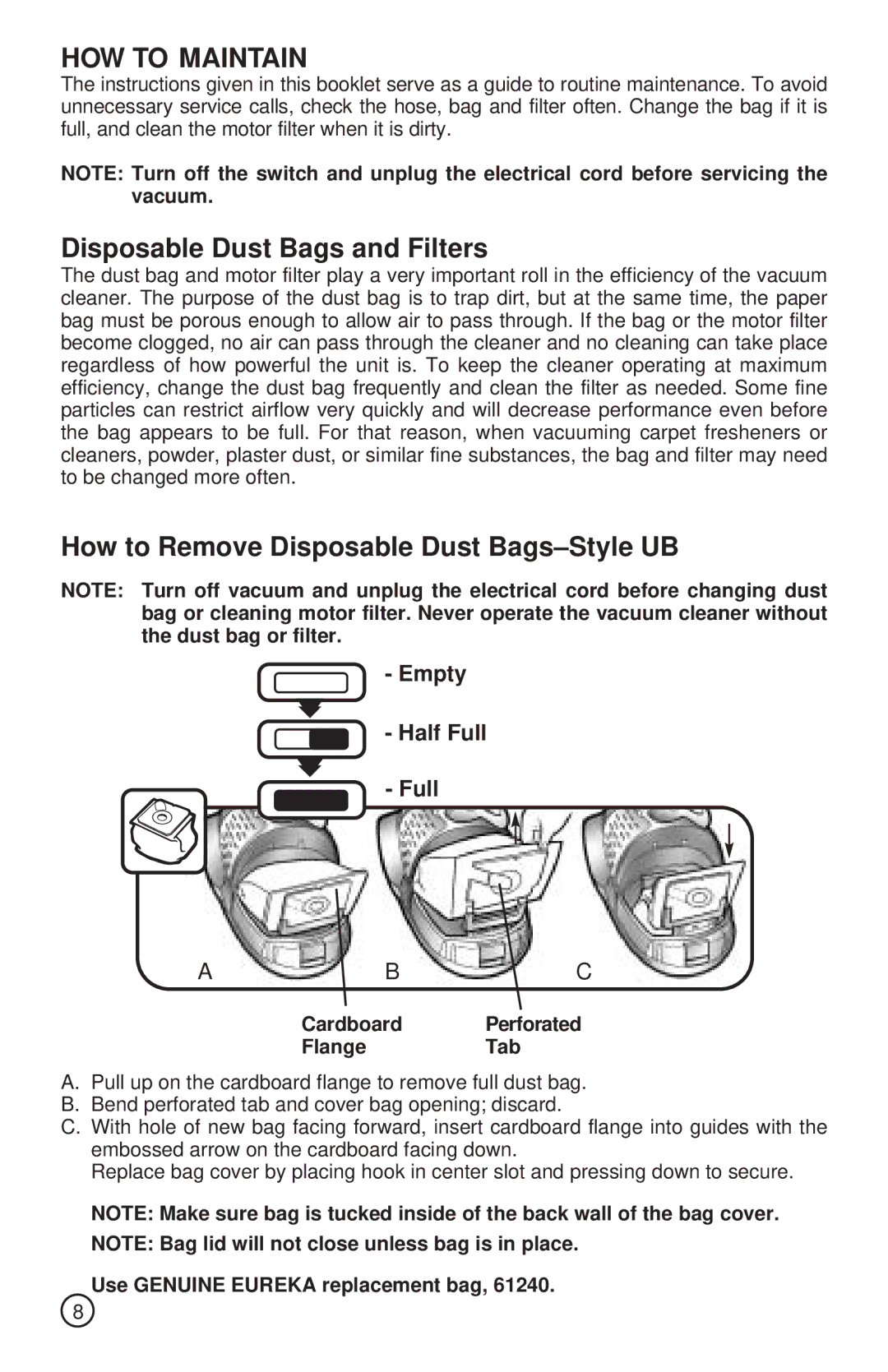 Sanitaire S3530 SERIES HOW to Maintain, Disposable Dust Bags and Filters, How to Remove Disposable Dust Bags-Style UB 