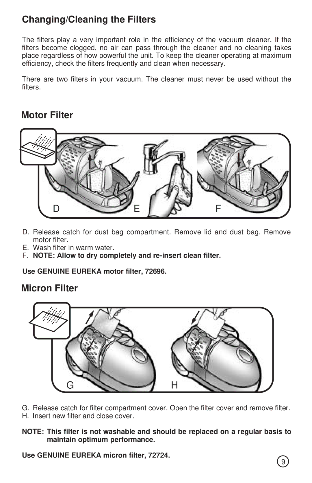 Sanitaire S3530 SERIES warranty Changing/Cleaning the Filters, Motor Filter, Micron Filter, Use Genuine Eureka motor filter 