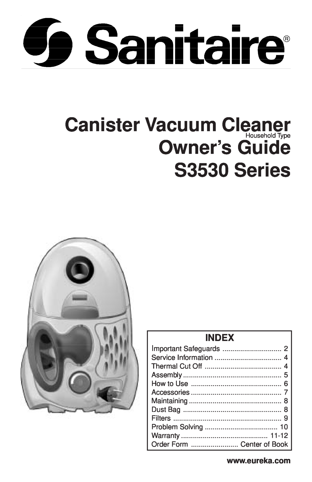 Sanitaire S3530 SERIES warranty Index, Canister Vacuum Cleaner, Owner’s Guide S3530 Series 