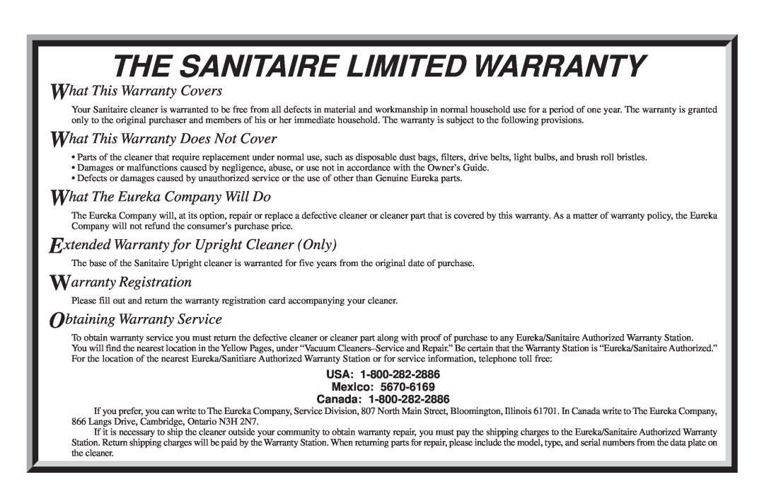 Sanitaire S3530 SERIES What This Warranty Covers, What This Warranty Does Not Cover, What The Eureka Company Will Do 