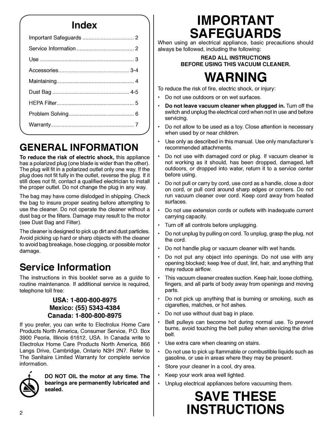 Sanitaire S3680 Series warranty General Information, USA Mexico 55 Canada 