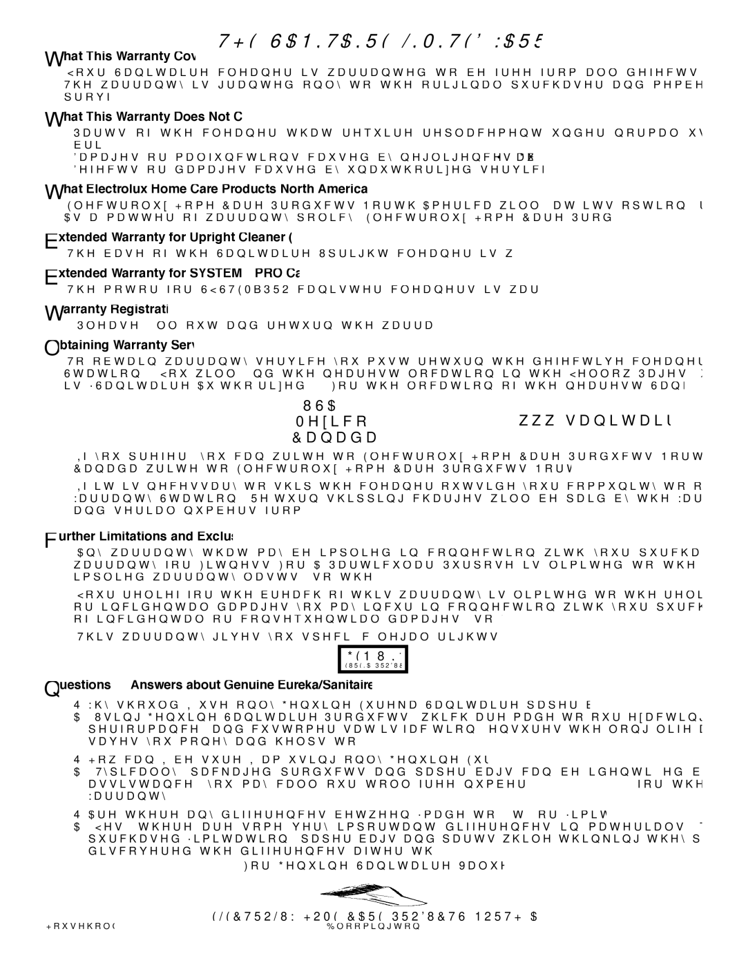 Sanitaire S3680 Series warranty Sanitaire Limited Warranty, USA Canada 