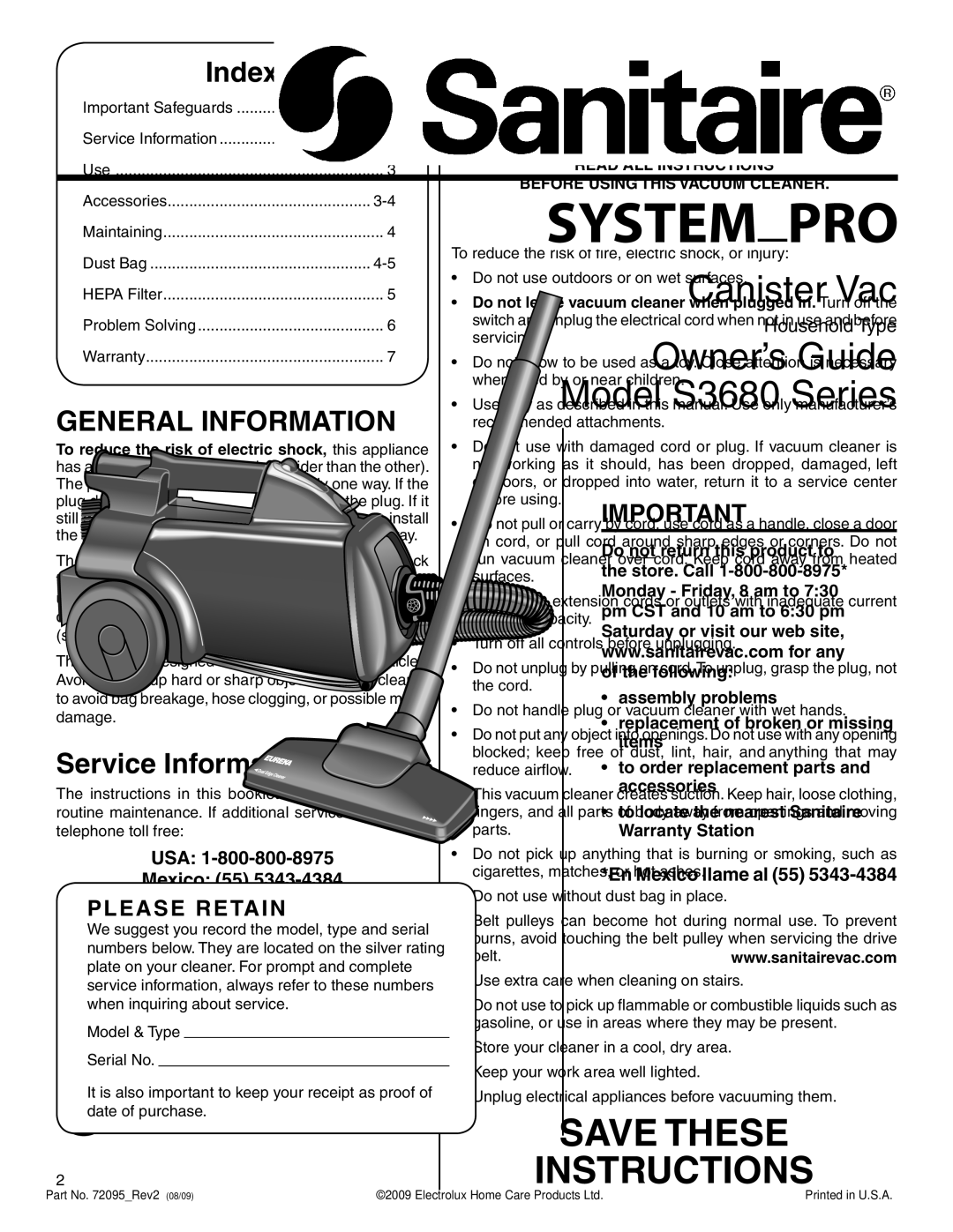 Sanitaire S3680 warranty General Information, USA Mexico 55 Canada, Read ALL Instructions Before Using this Vacuum Cleaner 