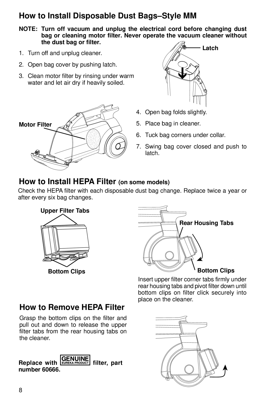 Sanitaire S3699 Series warranty How to Install Disposable Dust Bags-Style MM, How to Install Hepa Filter on some models 