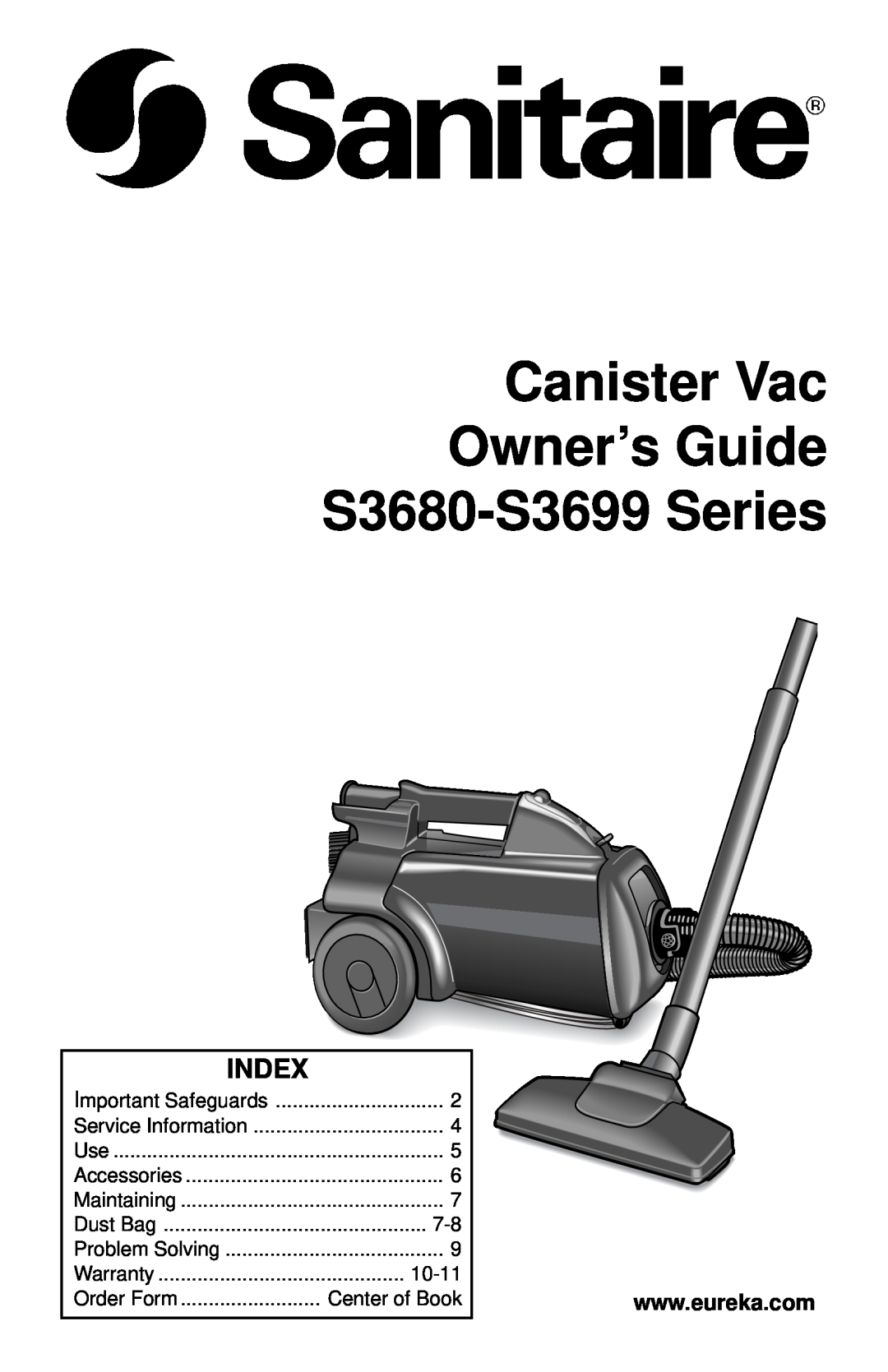 Sanitaire warranty Index, Canister Vac Owner’s Guide S3680-S3699 Series, Important Safeguards, Service Information 