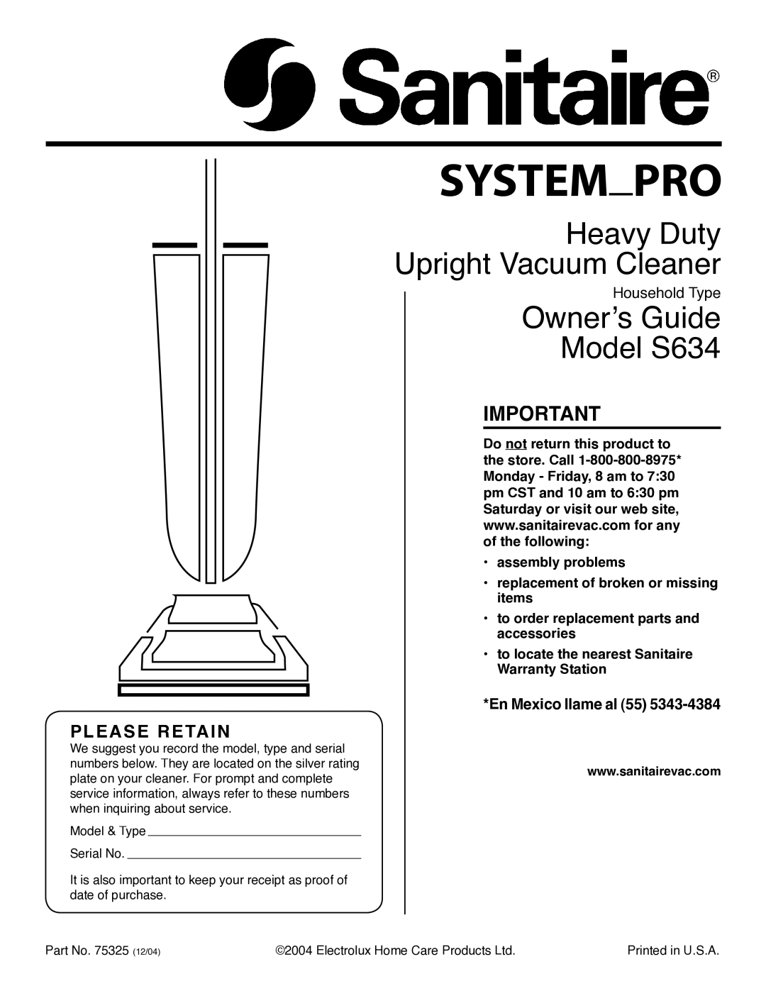 Sanitaire S634 warranty Please Retain, En Mexico llame al 55 