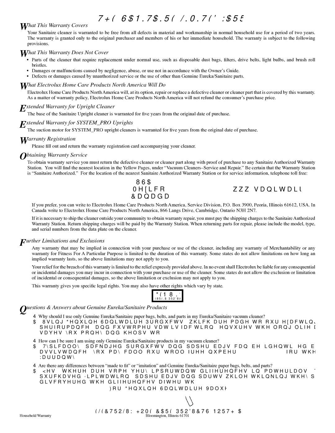 Sanitaire S634 warranty Sanitaire Limited Warranty, USA Canada 