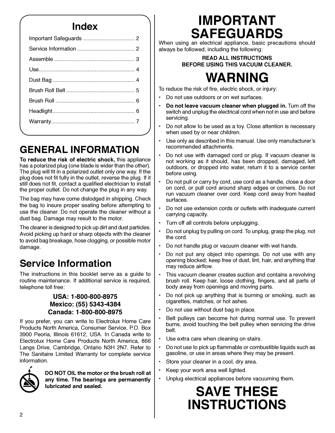 Sanitaire S647 Series warranty General Information, USA Mexico 55 Canada 