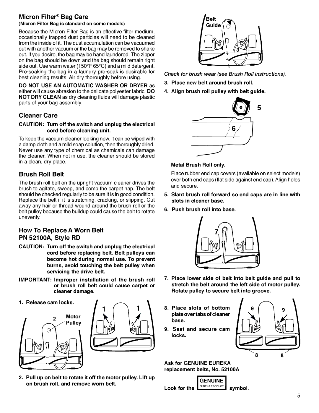 Sanitaire S647 Series warranty Micron Filter Bag Care, Cleaner Care, Brush Roll Belt 