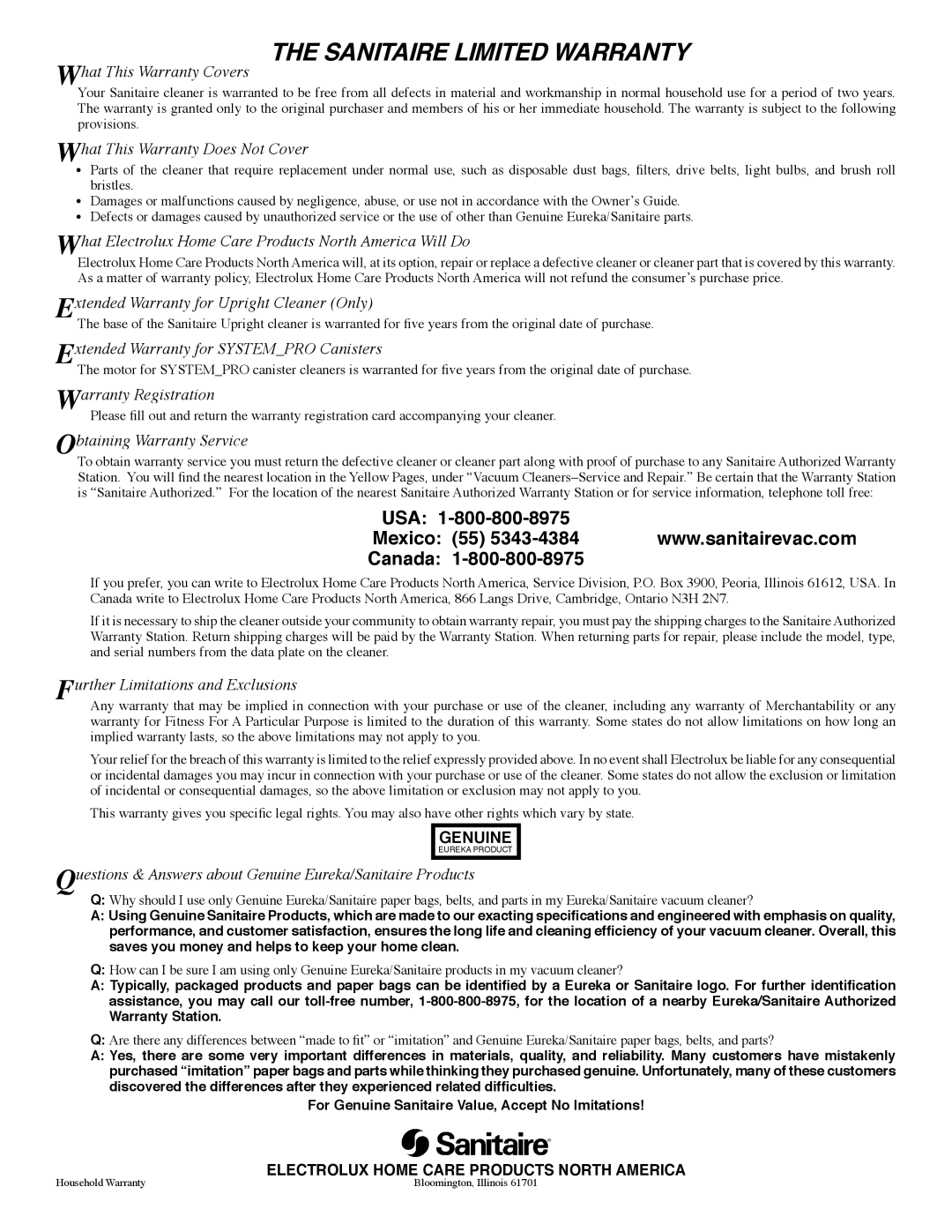 Sanitaire S647 Series warranty Sanitaire Limited Warranty, USA Canada 