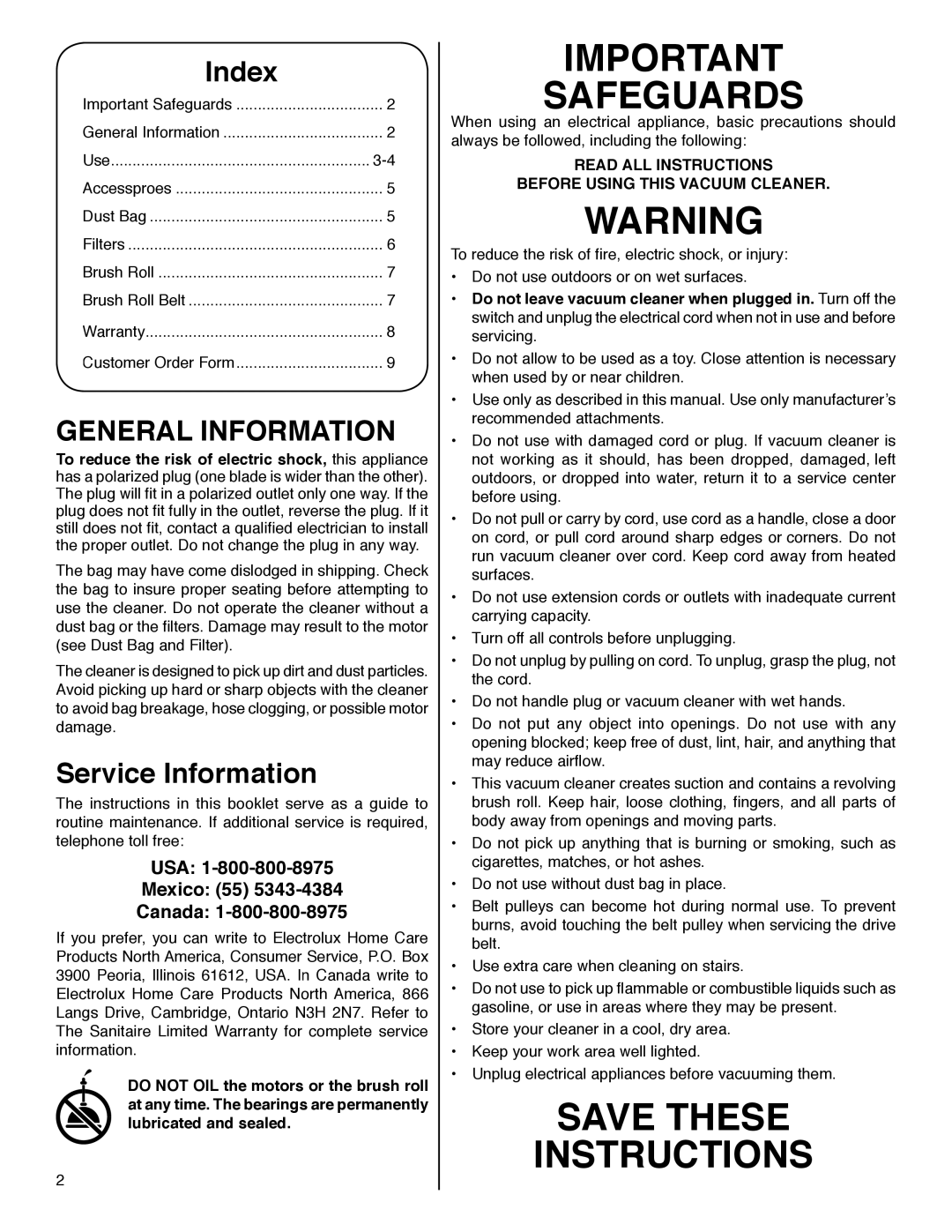 Sanitaire S780 warranty Index, Service Information, USA Mexico 55 Canada 