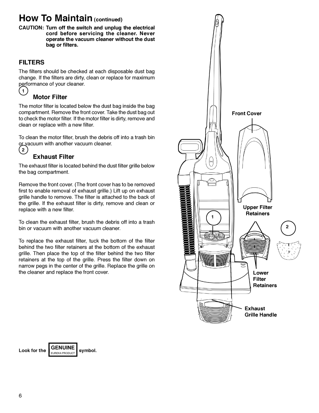 Sanitaire S780 warranty Motor Filter, Exhaust Filter 