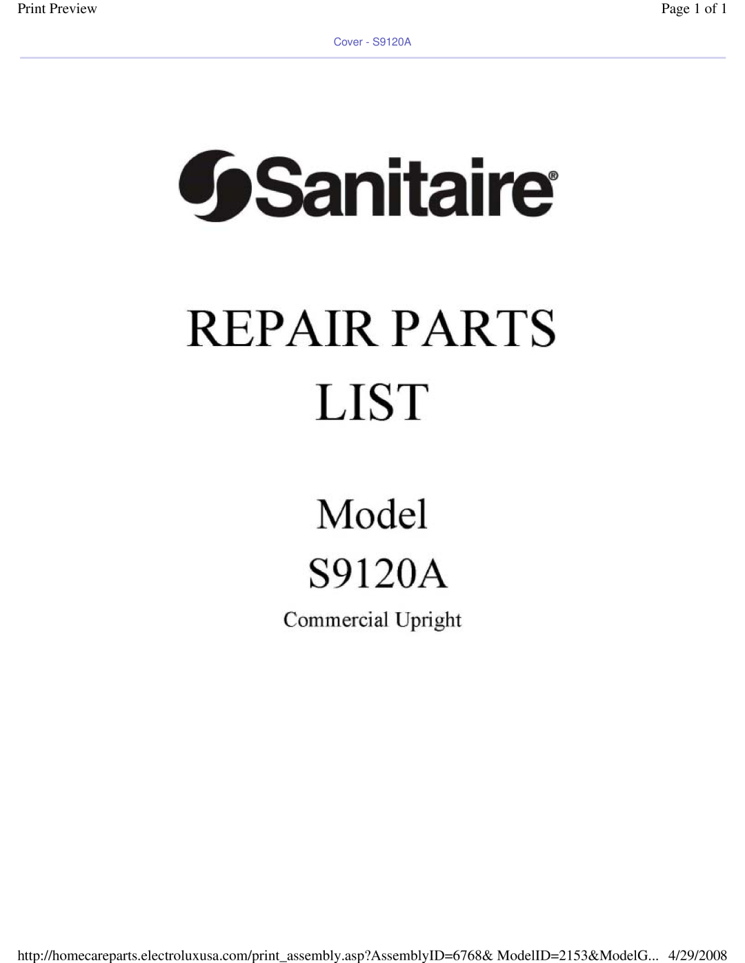Sanitaire manual Print Preview, Page 1 of, Cover - S9120A 