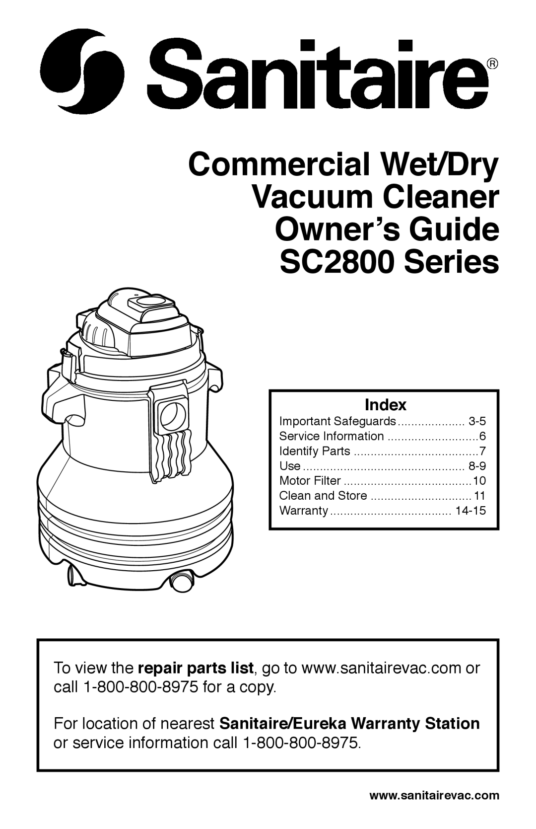 Sanitaire SC2800 warranty Index 