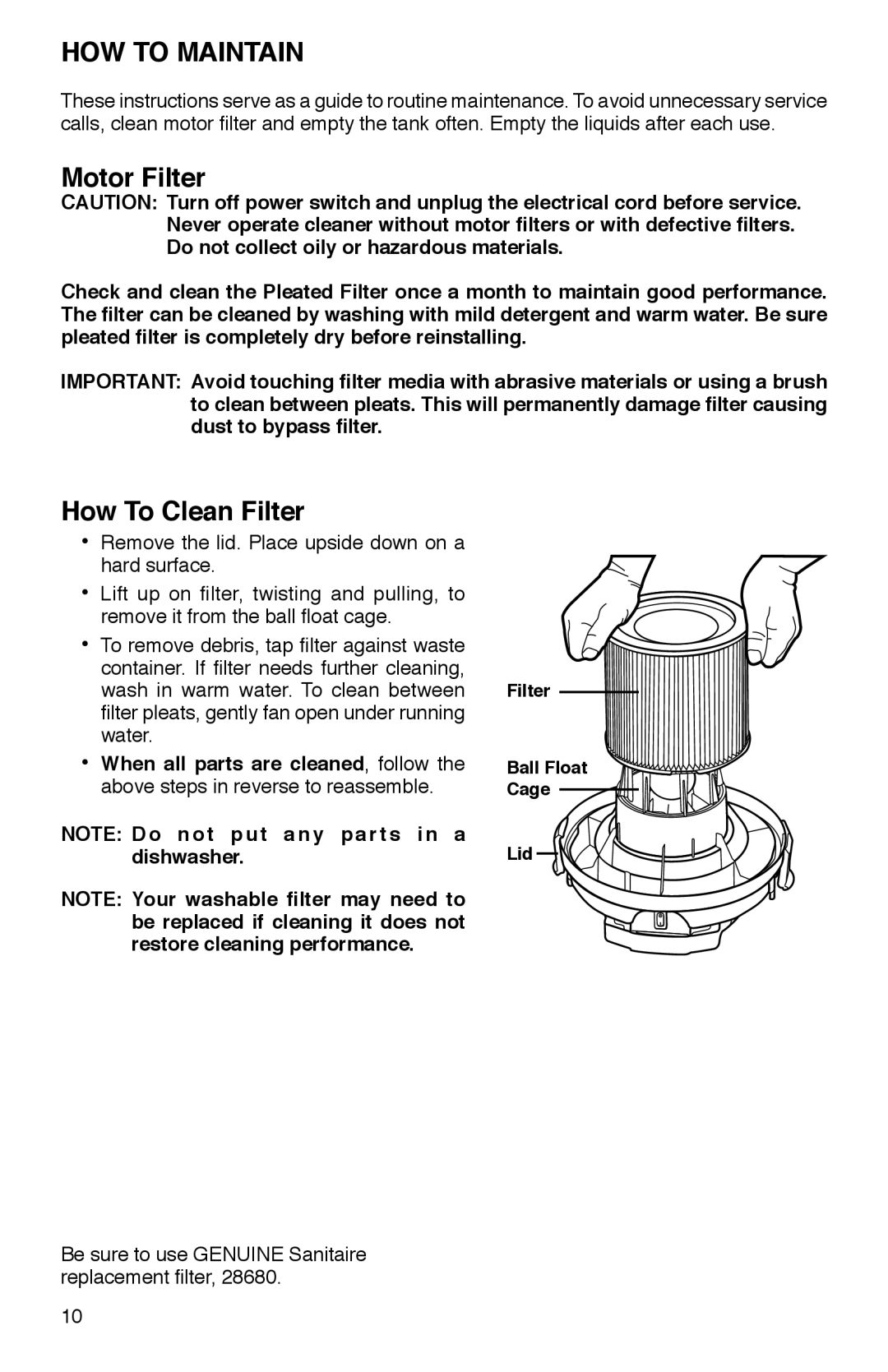 Sanitaire SC2800 warranty HOW to Maintain, Motor Filter, How To Clean Filter 