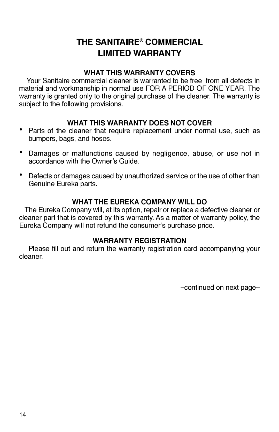 Sanitaire SC2800 warranty Sanitaire Commercial Limited Warranty, What this Warranty Covers 