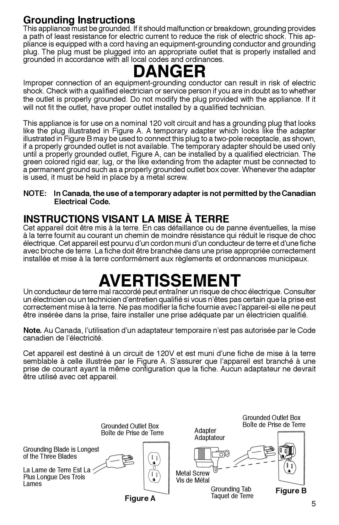 Sanitaire SC2800 warranty Grounding Instructions, Instructions Visant LA Mise À Terre 