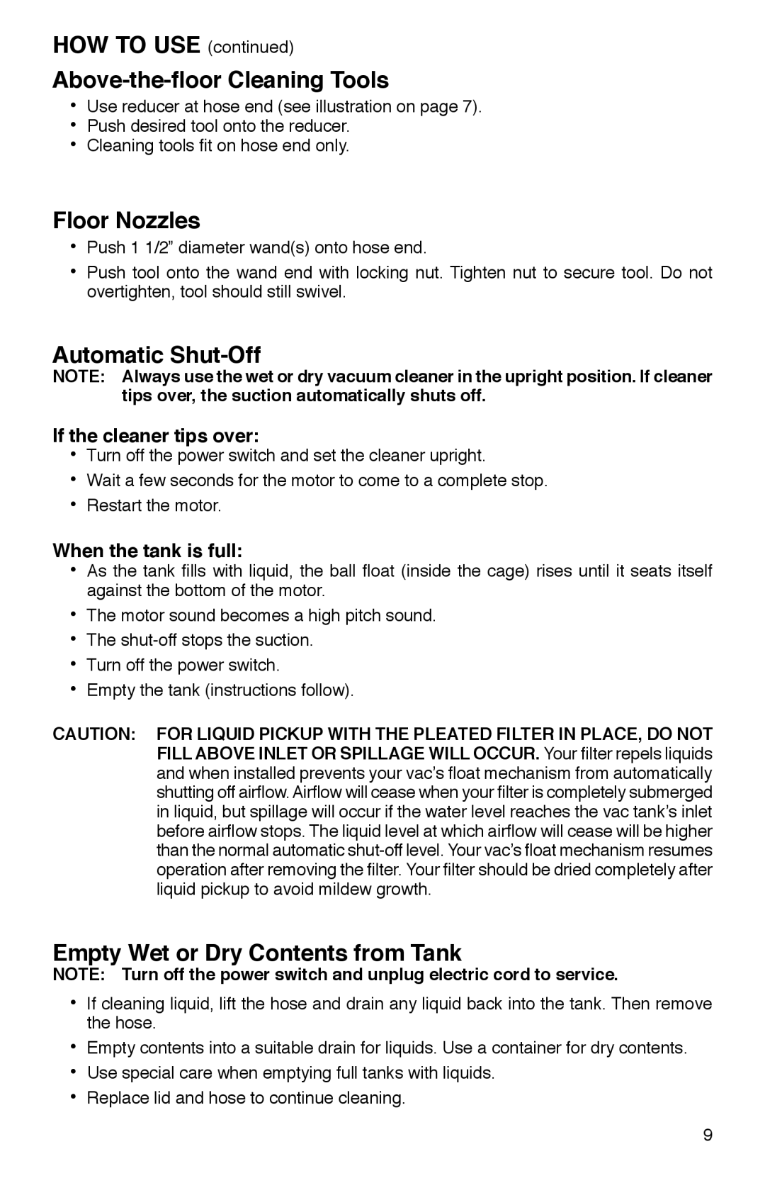 Sanitaire SC2800 warranty HOW to USE Above-the-ﬂoor Cleaning Tools, Floor Nozzles, Automatic Shut-Off 