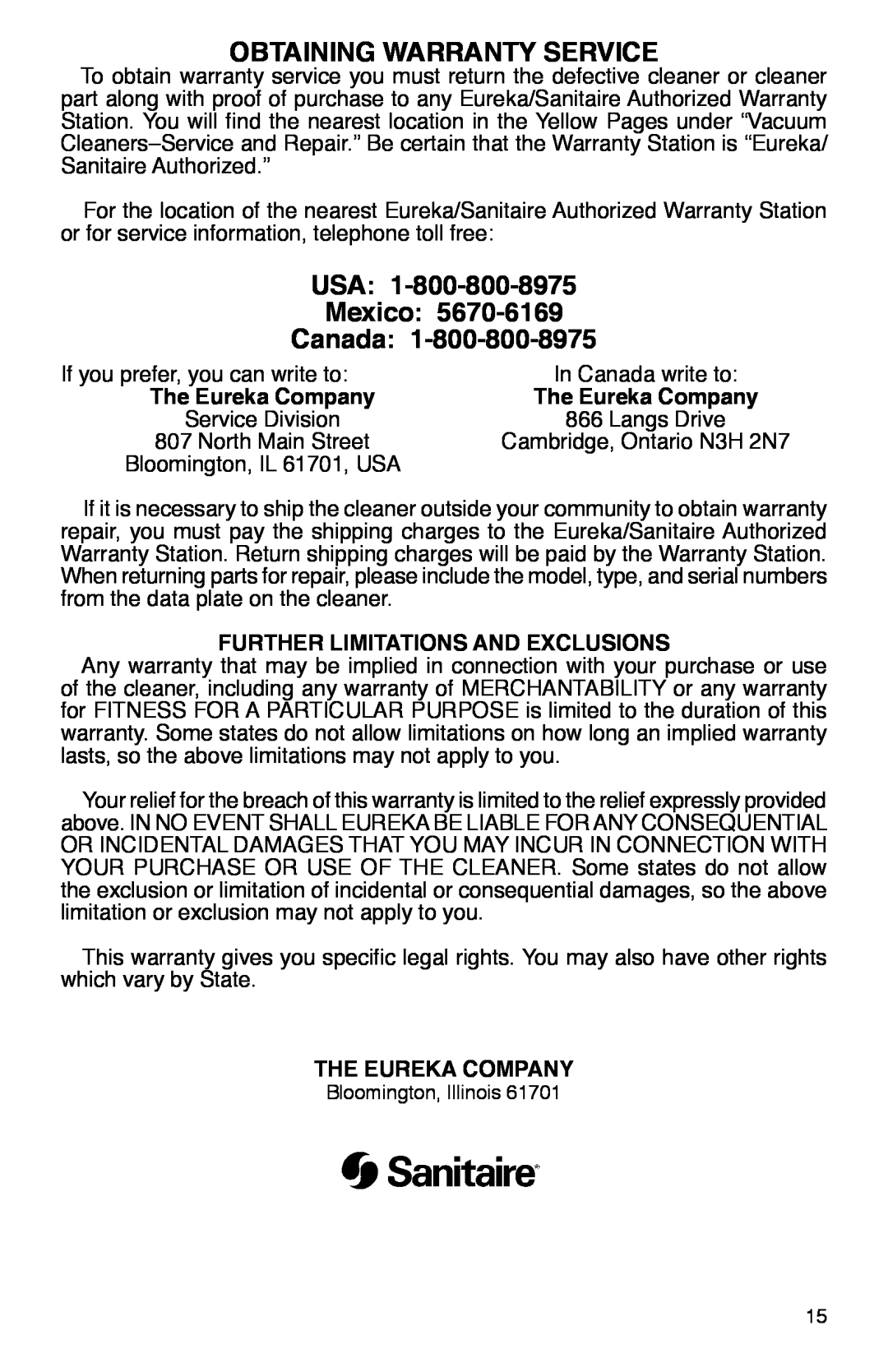 Sanitaire SC2800 Obtaining Warranty Service, USA Mexico Canada, Further Limitations And Exclusions, The Eureka Company 