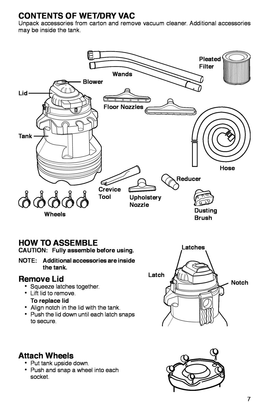 Sanitaire SC2800 warranty Contents Of Wet/Dry Vac, How To Assemble, Remove Lid, Attach Wheels 