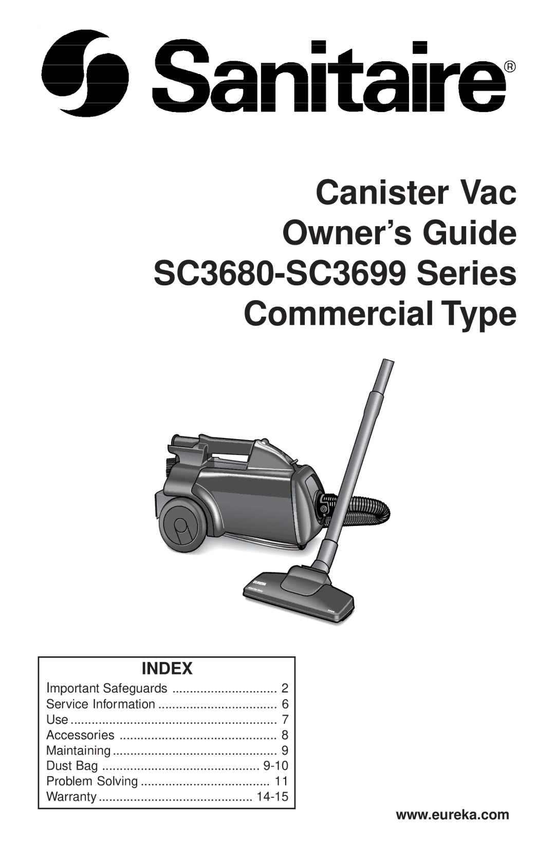 Sanitaire SC3699 Series, SC3680 Series warranty Index 