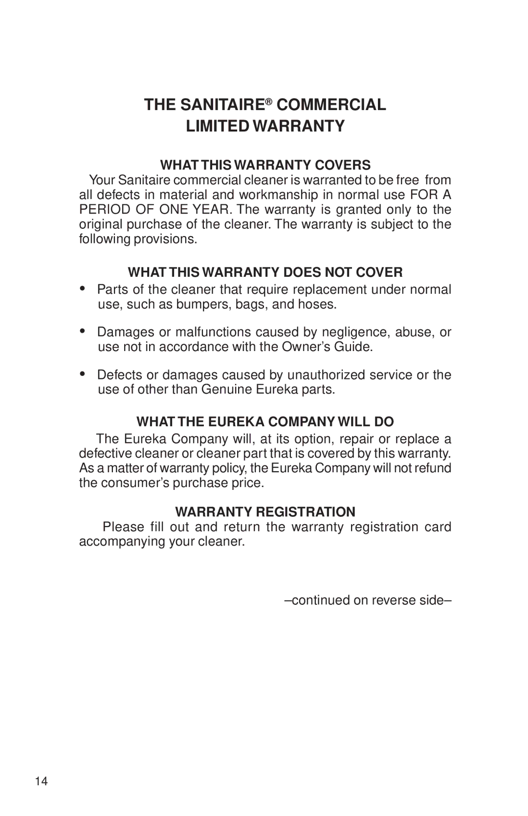 Sanitaire SC3680 Series, SC3699 Series warranty Sanitaire Commercial Limited Warranty, What this Warranty Covers 