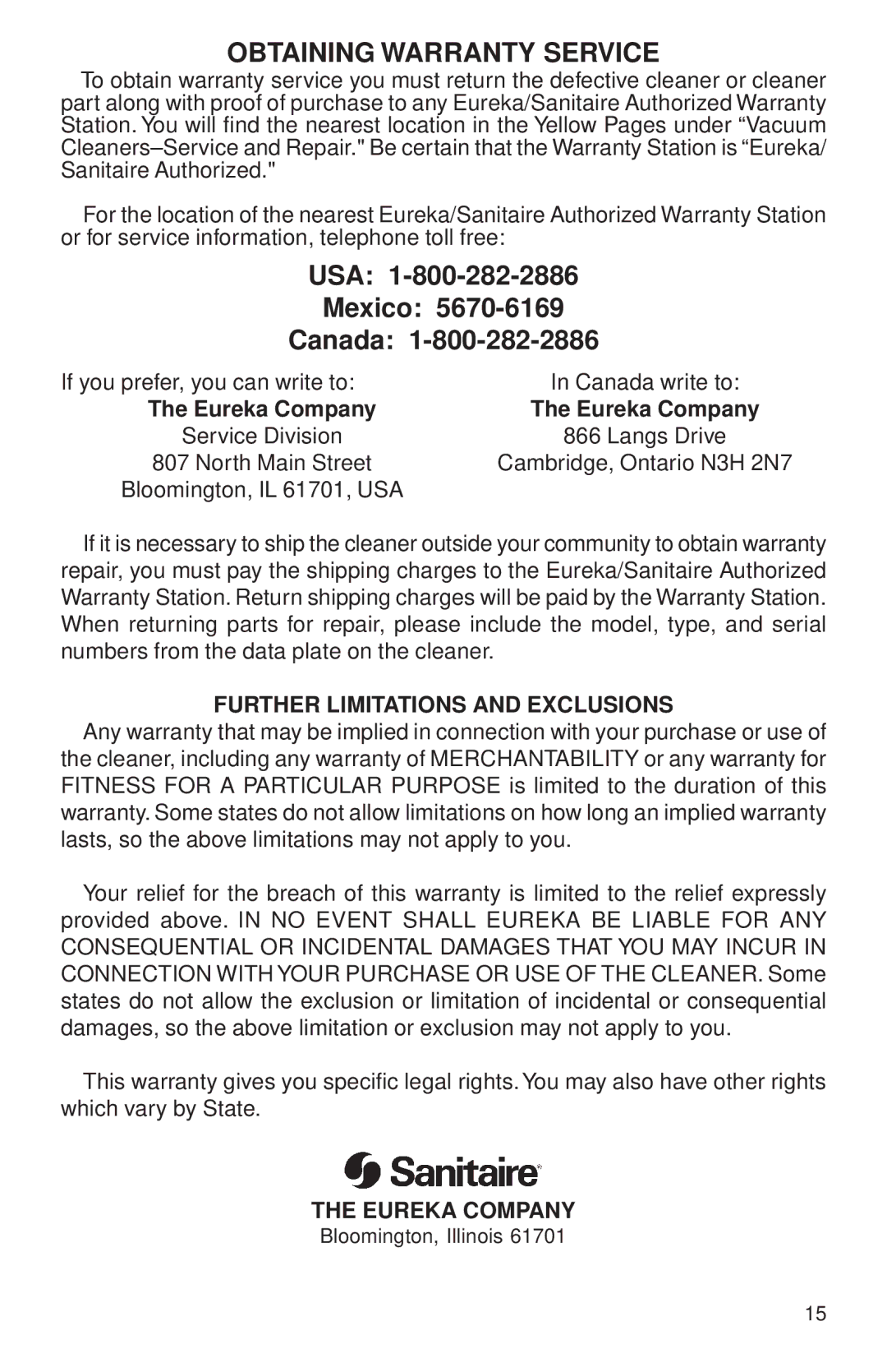 Sanitaire SC3699 Series, SC3680 Series warranty Obtaining Warranty Service, Eureka Company 