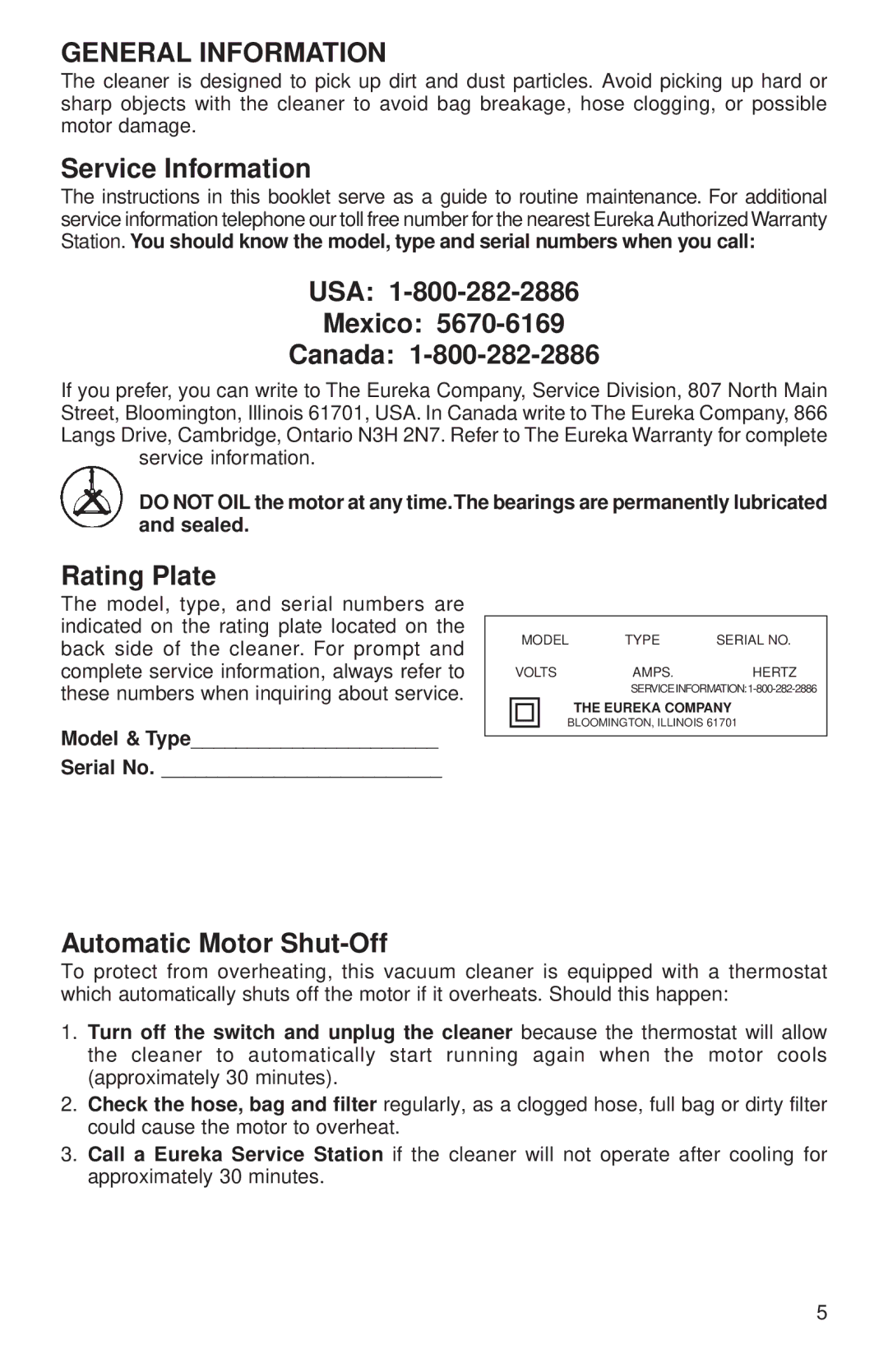 Sanitaire SC3699 Series, SC3680 Series warranty General Information, Service Information, USA Mexico Canada, Rating Plate 