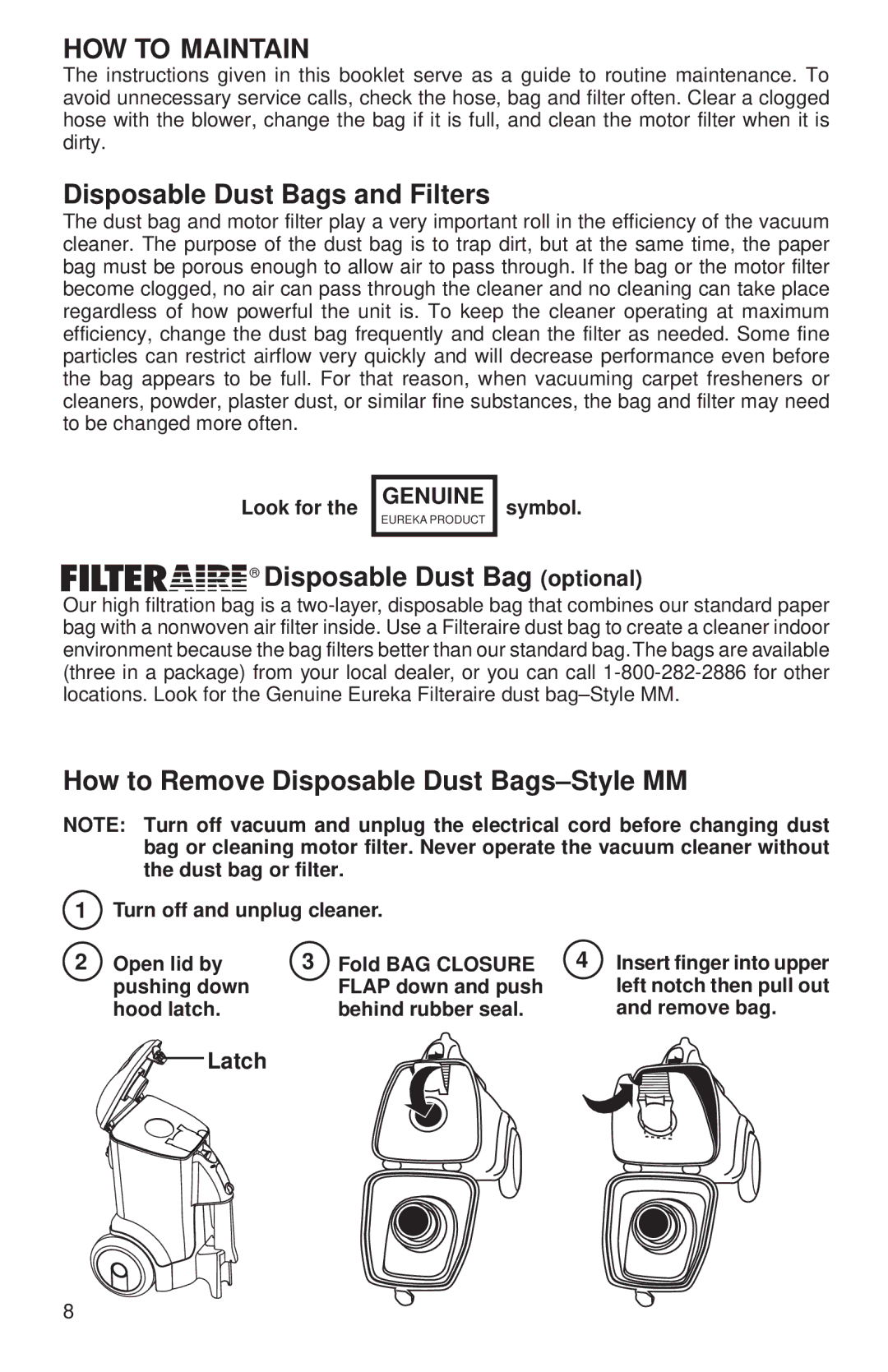 Sanitaire SC3680 Series, SC3699 Series HOW to Maintain, Disposable Dust Bags and Filters, Disposable Dust Bag optional 