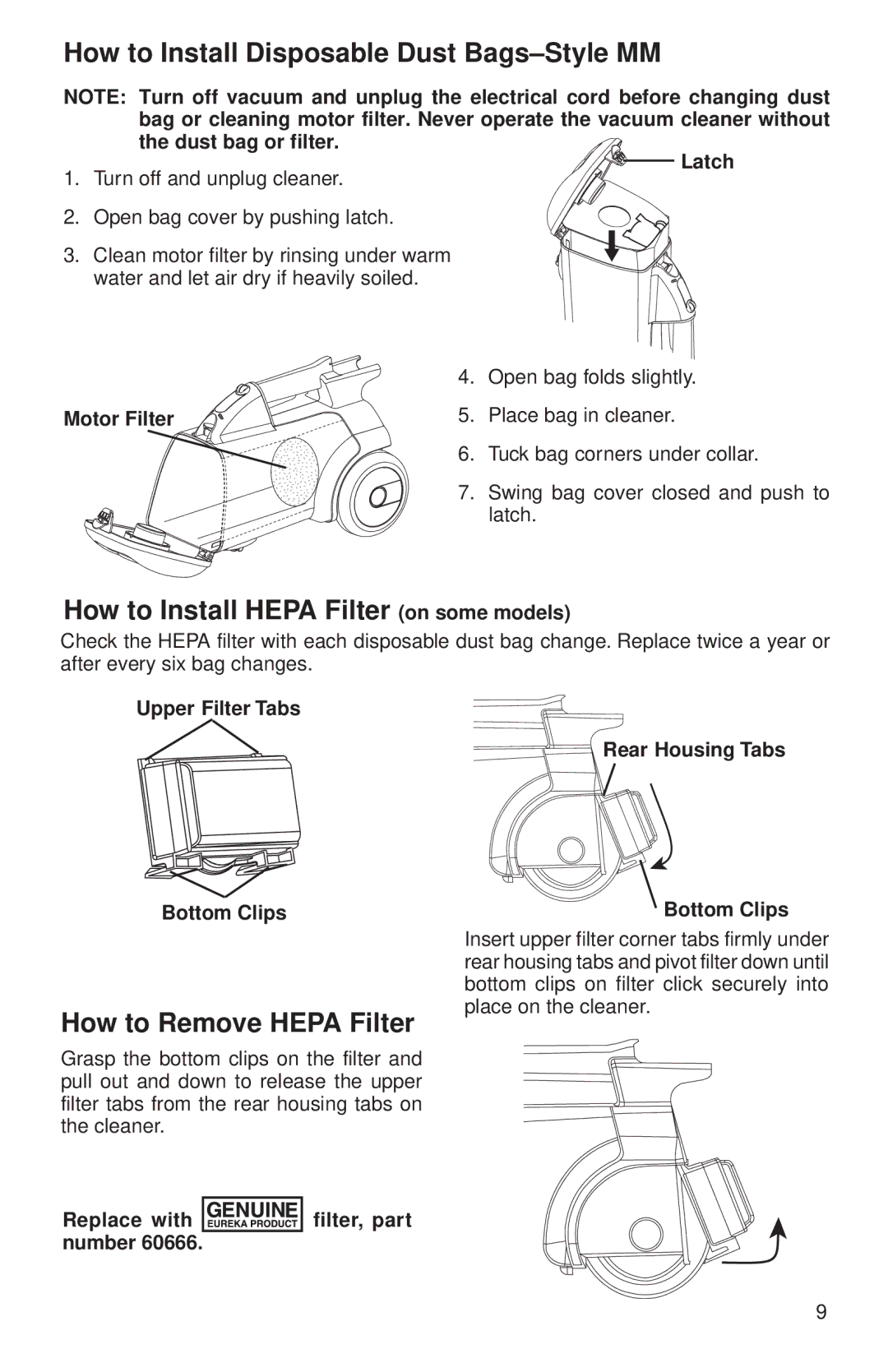 Sanitaire SC3699 Series warranty How to Install Disposable Dust Bags-Style MM, How to Install Hepa Filter on some models 