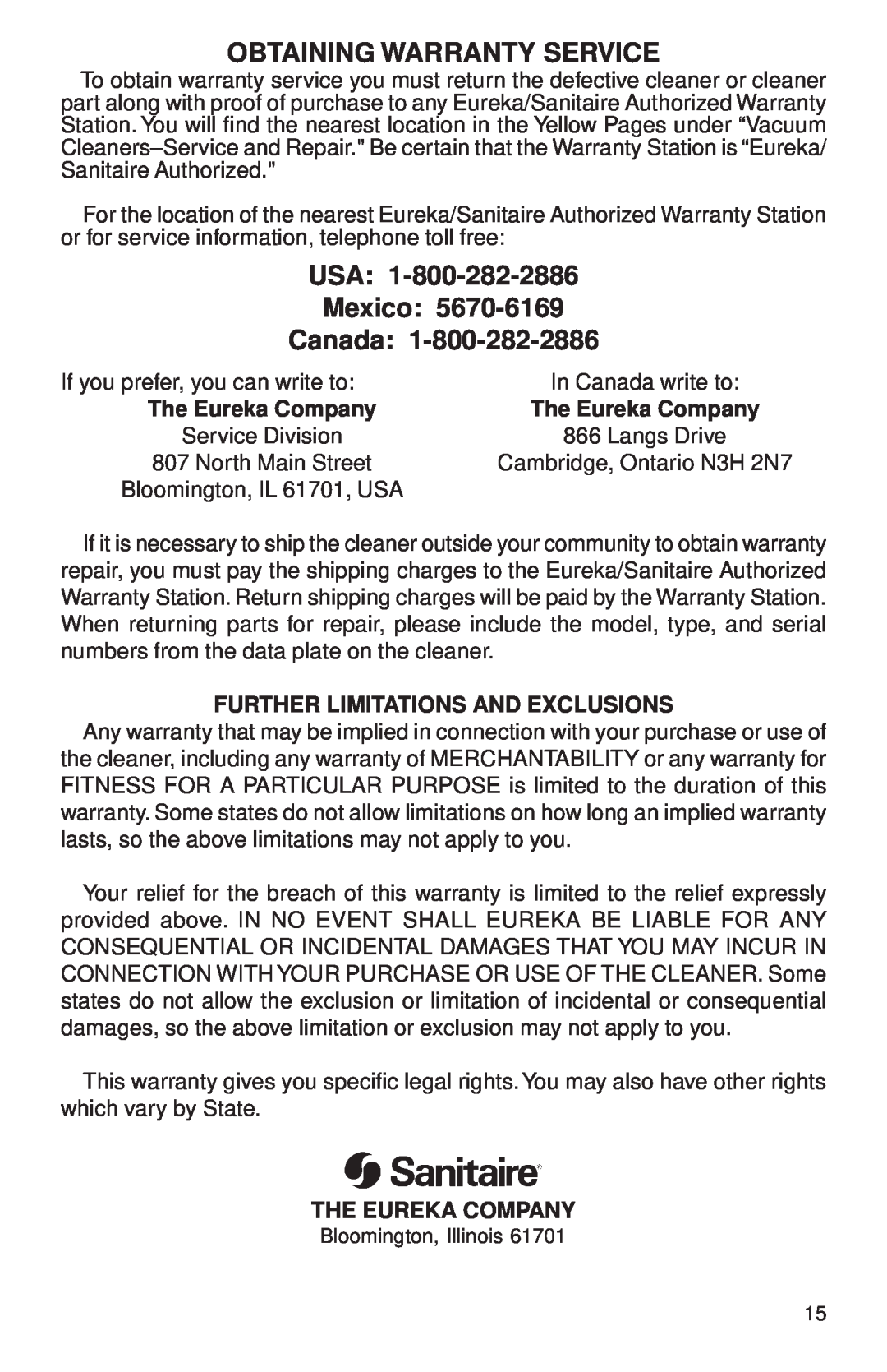 Sanitaire SC3699 Series, SC3680 Series Obtaining Warranty Service, The Eureka Company, Further Limitations And Exclusions 