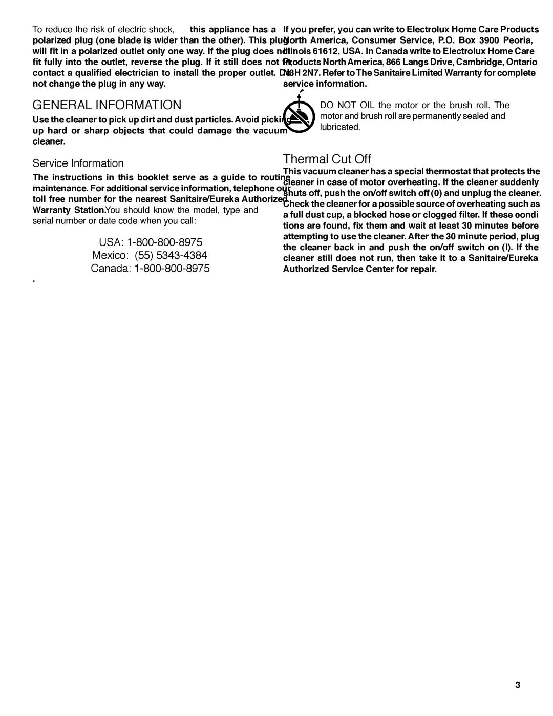 Sanitaire SC5700 Series warranty General Information, Thermal Cut Off, Service Information, USA Mexico 55 Canada 