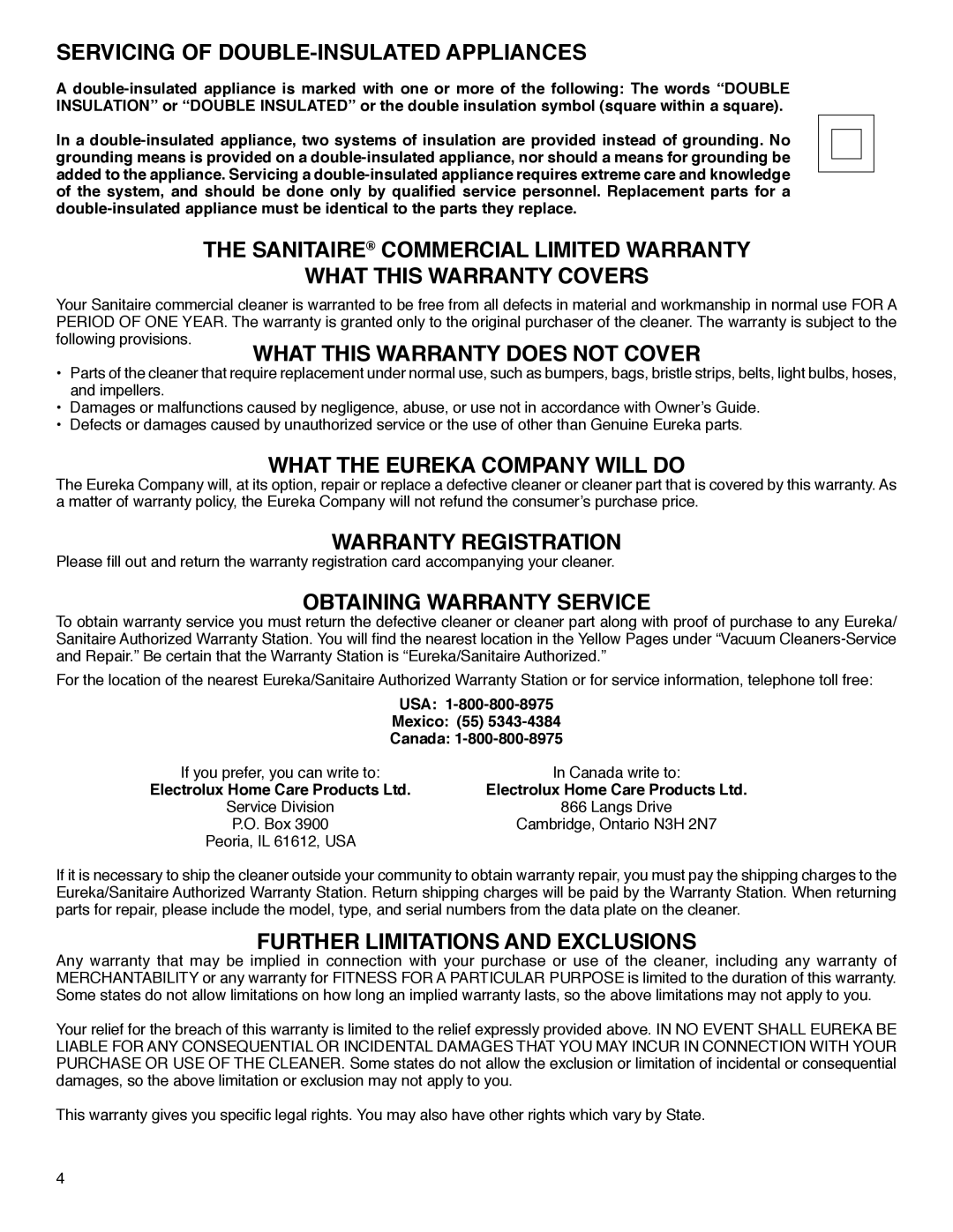 Sanitaire SC5700 Series Servicing of DOUBLE-INSULATED Appliances, What the Eureka Company will do, Warranty Registration 