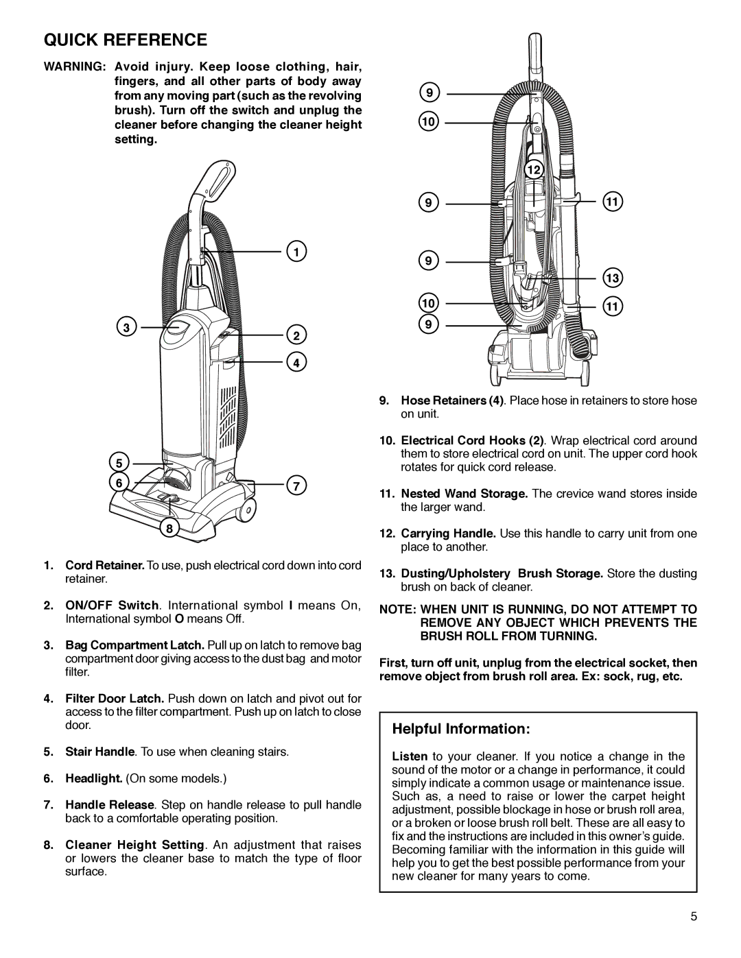 Sanitaire SC5700 Series warranty Quick Reference, Helpful Information 