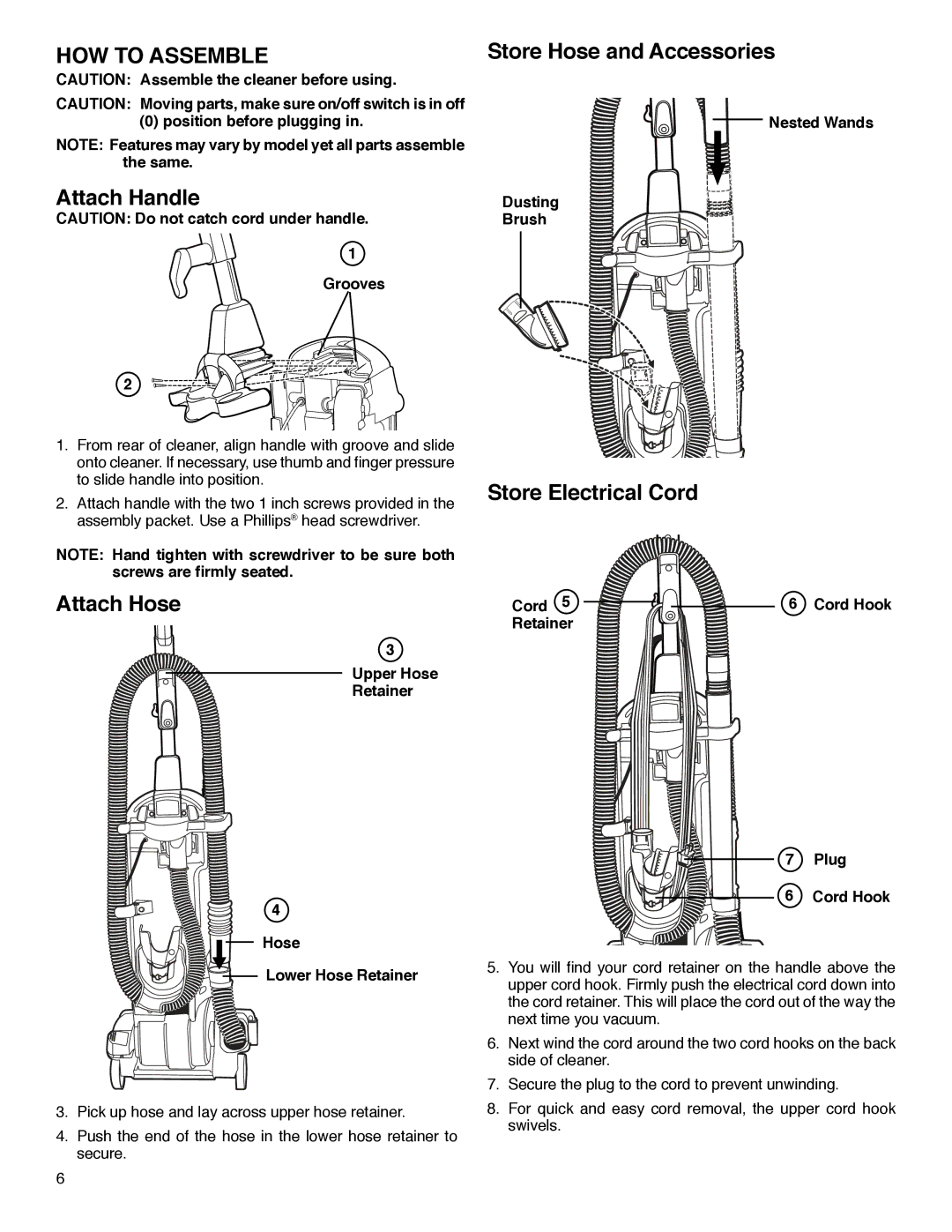 Sanitaire SC5700 Series HOW to Assemble, Attach Handle, Attach Hose, Store Hose and Accessories, Store Electrical Cord 