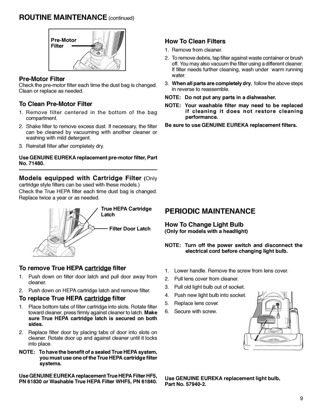 Sanitaire SC5700 Series warranty Routine Maintenance, Periodic Maintenance 