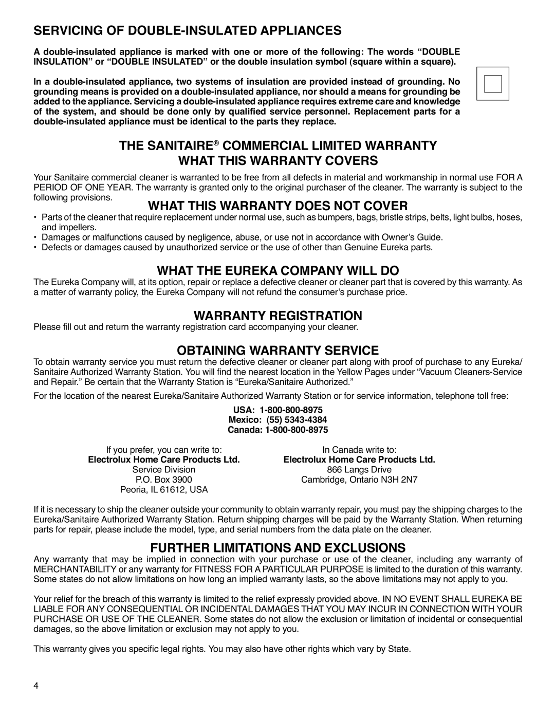 Sanitaire SC5700 Servicing of DOUBLE-INSULATED Appliances, What this Warranty does not Cover, Warranty Registration 