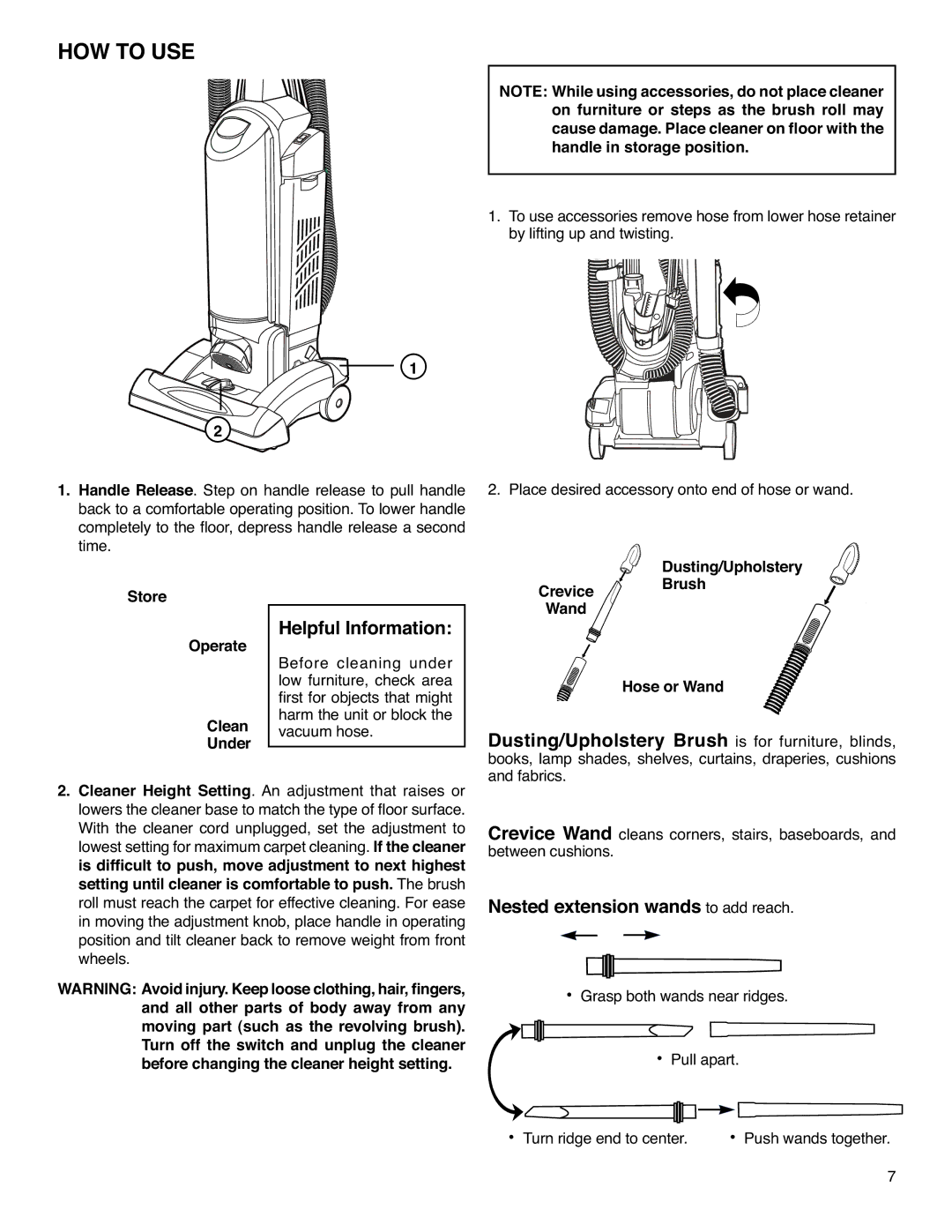 Sanitaire SC5700 HOW to USE, Nested extension wandstoaddreach, Store, Operate Crevice Wand Dusting/Upholstery Brush, Under 