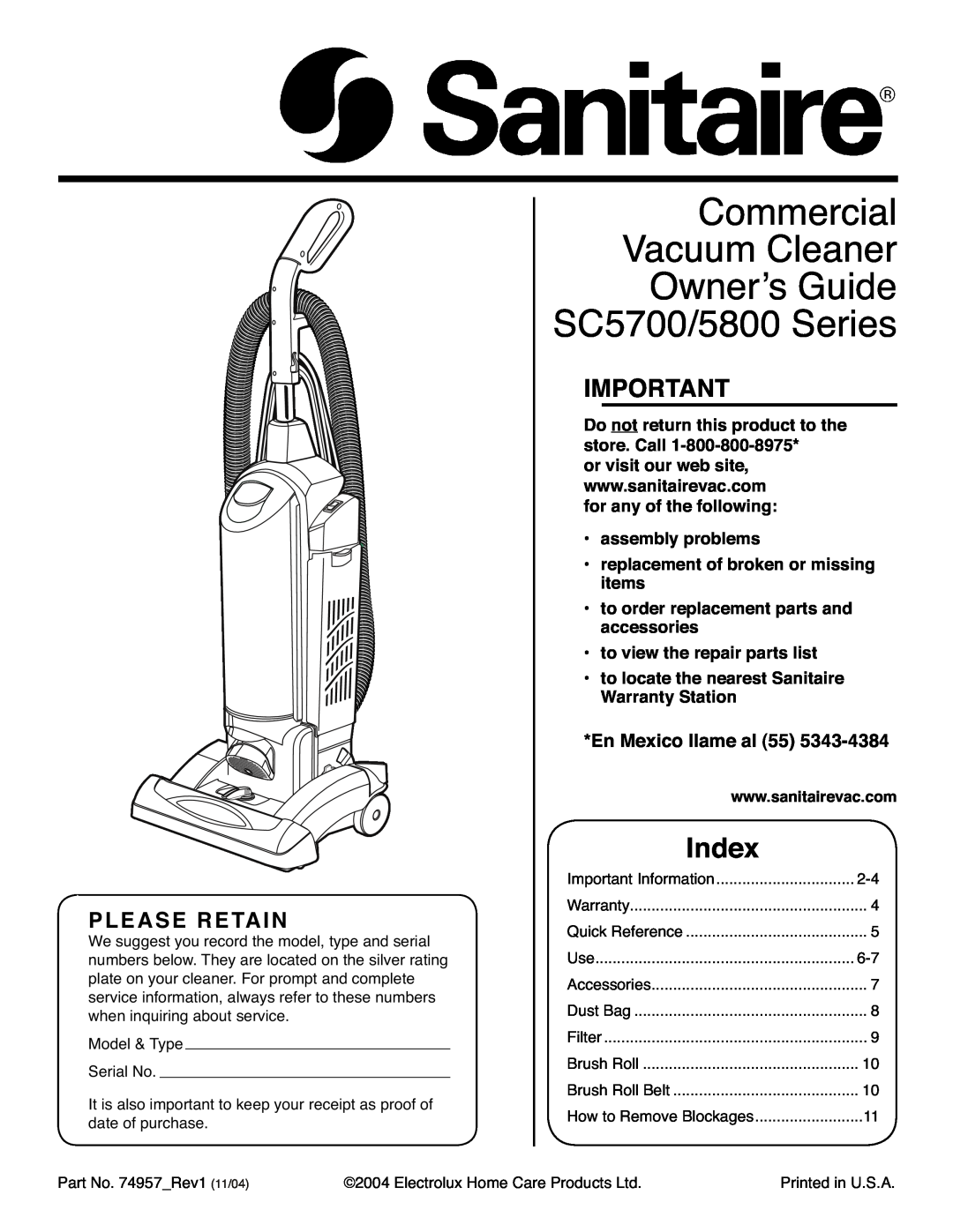 Sanitaire warranty Please Retain, En Mexico llame al, Commercial Vacuum Owners SC5700/5800, Index 