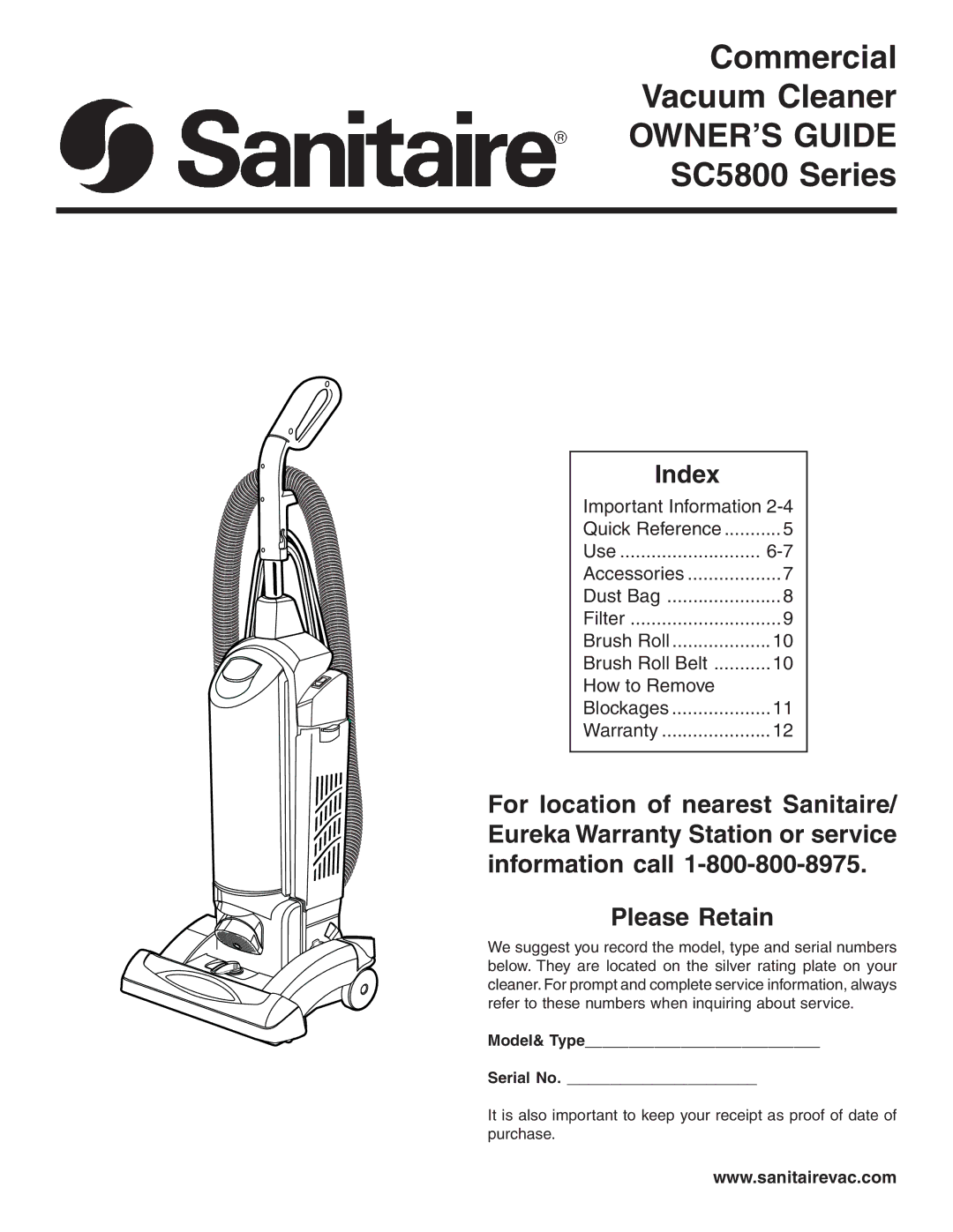 Sanitaire SC5800 Series warranty OWNER’S Guide 